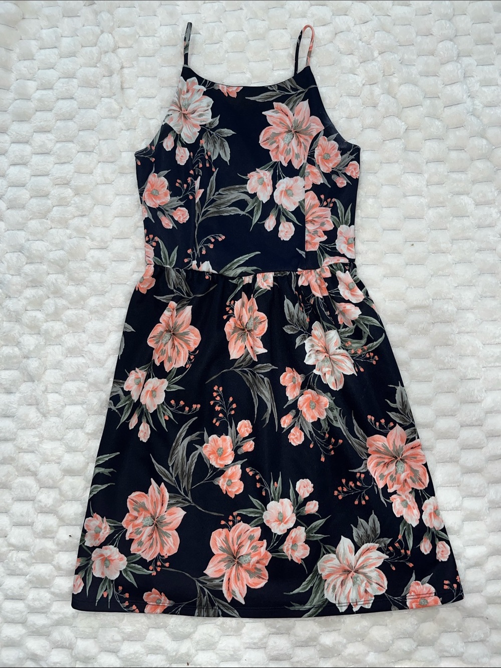Vintage First Love Black Midi Dress with Coral Floral Print
